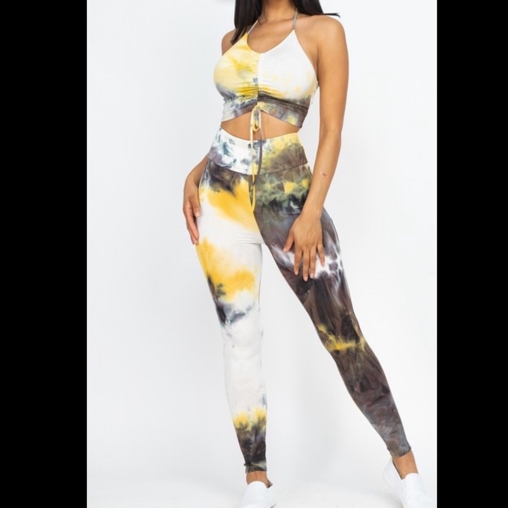 Women’s yellow black and white Tye dye two piece set controlled waist bottom